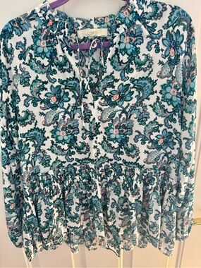LOFT Teal, Pink & Blue Floral Paisley Tie-Neck Blouse